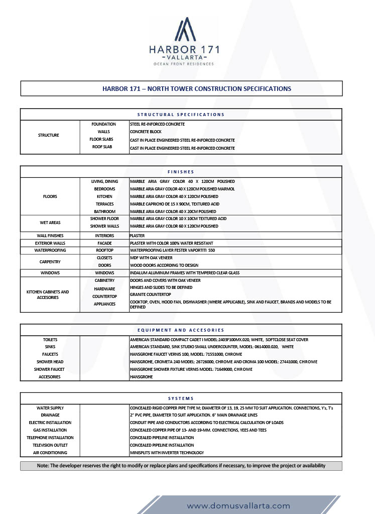 Harbor 171 Construction Specs